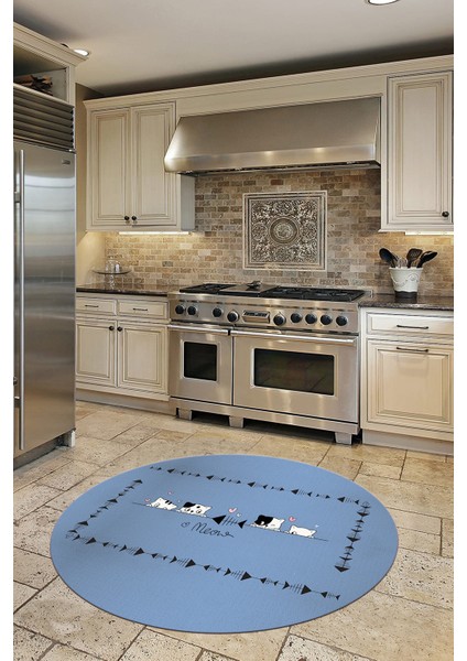 Sevimli Hayvanlar Desenli Kaymaz Taban Yıkanabilir Yuvarlak Mutfak Halısı, Y-Mutfak-10-Mavi, indirimleri