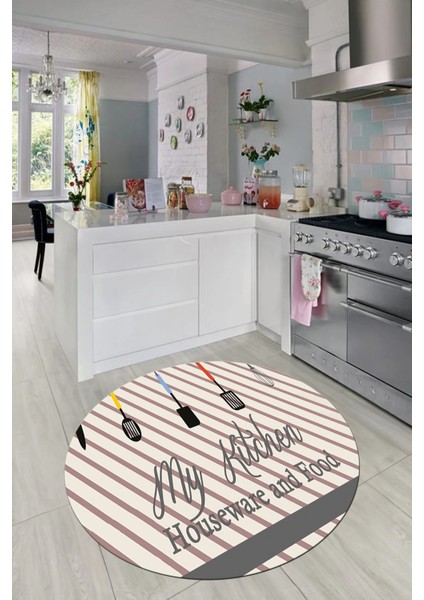 Mutfak Araçları Desenli Yıkanabilir Kaymaz Yuvarlak Mutfak Halısı, Y-Mutfak-32-Gri,