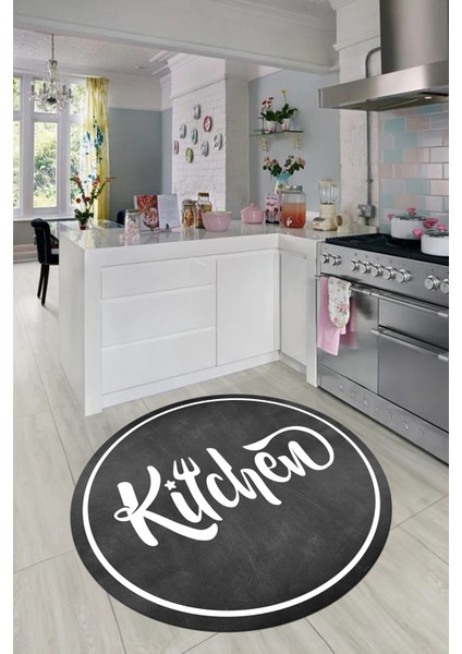 Kitchen Yazılı Çerçeveli Kaymaz Taban Yıkanabilir Yuvarlak Mutfak Halısı, Y-Mutfak-42-Antrasit,