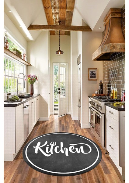 Kitchen Yazılı Çerçeveli Kaymaz Taban Yıkanabilir Yuvarlak Mutfak Halısı, Y-Mutfak-42-Antrasit,
