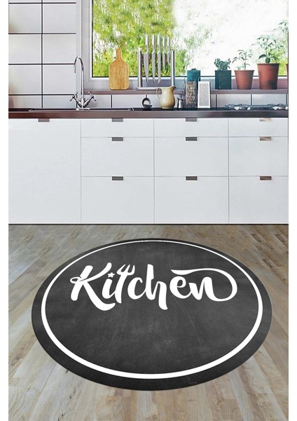 Kitchen Yazılı Çerçeveli Kaymaz Taban Yıkanabilir Yuvarlak Mutfak Halısı, Y-Mutfak-42-Antrasit,