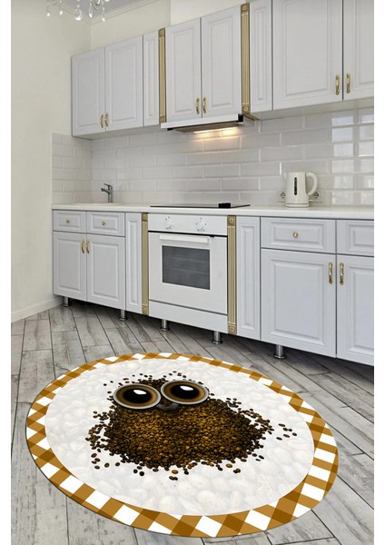 Baykuş Desenli Çerçeveli Kaymaz Yıkanabilir Şık Yuvarlak Mutfak Halısı, Y-Mutfak-46-Kahve,