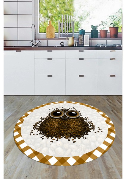 Baykuş Desenli Çerçeveli Kaymaz Yıkanabilir Şık Yuvarlak Mutfak Halısı, Y-Mutfak-46-Kahve, modelleri