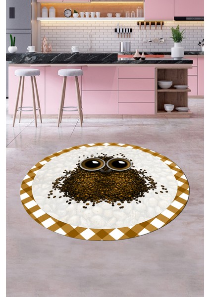 Baykuş Desenli Çerçeveli Kaymaz Yıkanabilir Şık Yuvarlak Mutfak Halısı, Y-Mutfak-46-Kahve, indirimleri