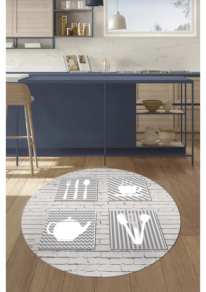 Fincan Çatal Bıcak Desenli Yıkanabilir Kaymaz Yuvarlak Mutfak Halısı, Y-Mutfak-14-Beyaz,