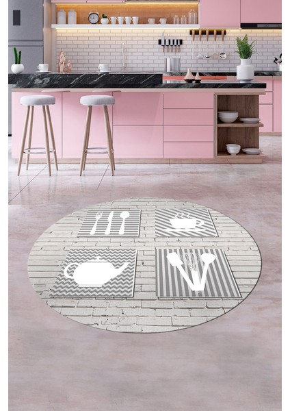 Fincan Çatal Bıcak Desenli Yıkanabilir Kaymaz Yuvarlak Mutfak Halısı, Y-Mutfak-14-Beyaz, fiyatları