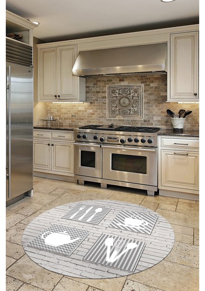 Fincan Çatal Bıcak Desenli Yıkanabilir Kaymaz Yuvarlak Mutfak Halısı, Y-Mutfak-14-Beyaz, fırsatları