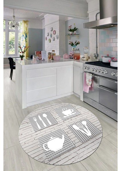 Fincan Çatal Bıcak Desenli Yıkanabilir Kaymaz Yuvarlak Mutfak Halısı, Y-Mutfak-14-Beyaz, indirimleri