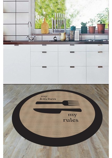 Jüt Görünümlü Çatal Bıçak Desenli Yıkanabilir Yuvarlak Mutfak Halısı, Y-Mutfak-09-Kahve,