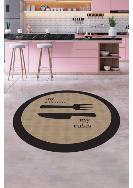 Jüt Görünümlü Çatal Bıçak Desenli Yıkanabilir Yuvarlak Mutfak Halısı, Y-Mutfak-09-Kahve, modelleri