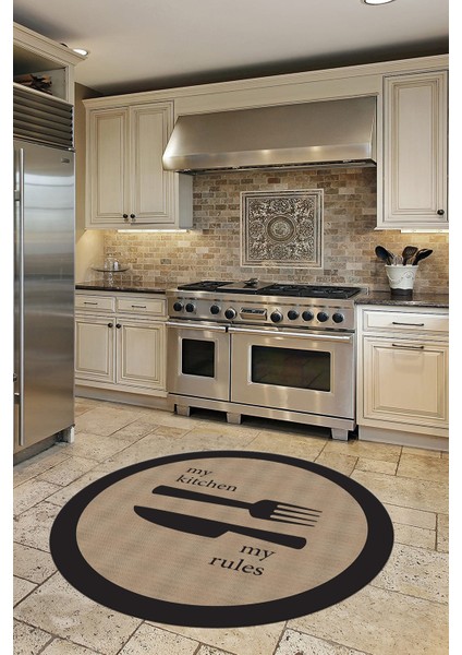 Jüt Görünümlü Çatal Bıçak Desenli Yıkanabilir Yuvarlak Mutfak Halısı, Y-Mutfak-09-Kahve, indirimleri