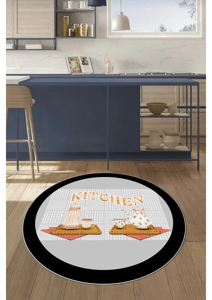 Dijital Baskılı Kaymaz Taban Kitchen Yazılı Modern Yuvarlak Mutfak Halısı, Y-Mutfak-18-Gri,