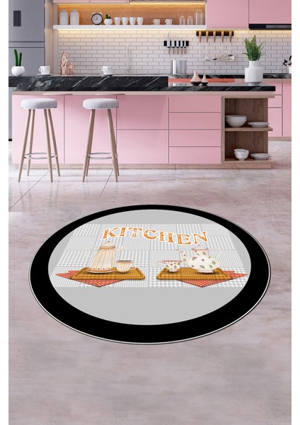 Dijital Baskılı Kaymaz Taban Kitchen Yazılı Modern Yuvarlak Mutfak Halısı, Y-Mutfak-18-Gri, fiyatları