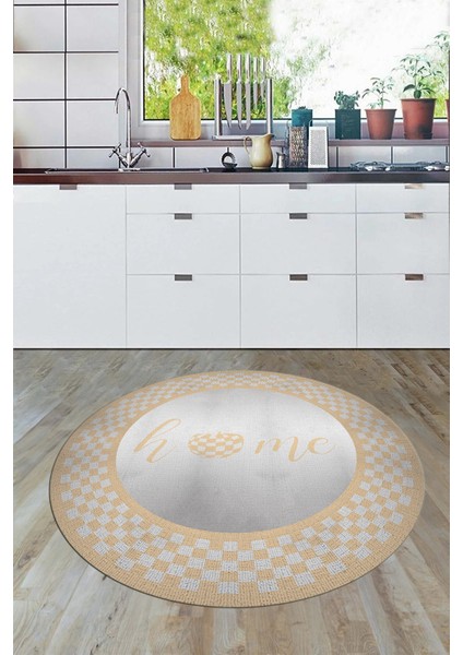 Dijital Baskılı Kaymaz Yıkanabilir Home Yazılı Yuvarlak Mutfak Halısı, Y-Mutfak-12-Krem,