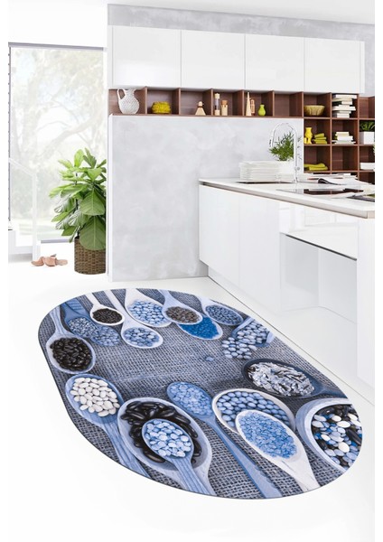 3D Kaşık Baharat Temalı Kaymaz Taban Yıkanabilir Oval Mutfak Halısı, O-Mutfak-29-Mavi, fırsatları