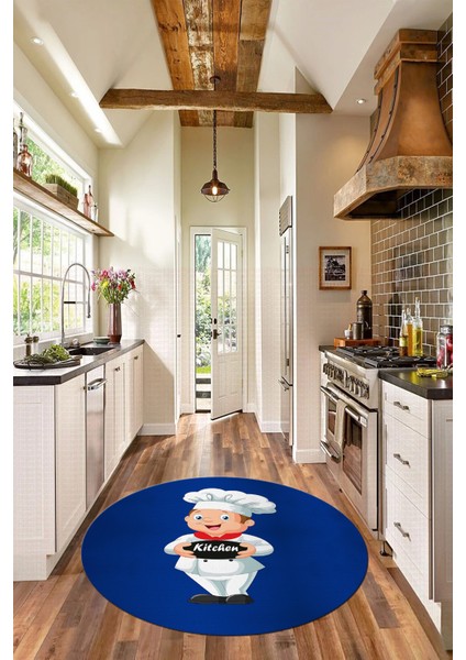 Kitchen Yazılı Aşçı Motifli Kaymaz Taban Yıkanabilir Yuvarlak Mutfak Halısı, Y-Mutfak-05-Mavi,