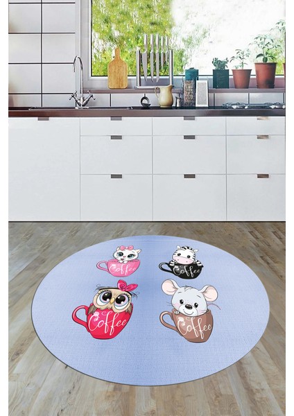 Sevimli Hayvanlar Fincan Desenli Yıkanabilir Yuvarlak Mutfak Halısı, Y-Mutfak-07-Mavi,