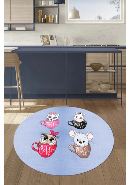Sevimli Hayvanlar Fincan Desenli Yıkanabilir Yuvarlak Mutfak Halısı, Y-Mutfak-07-Mavi, fiyatları