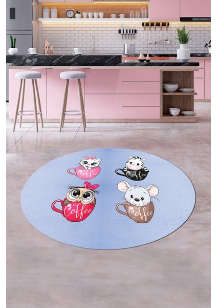 Sevimli Hayvanlar Fincan Desenli Yıkanabilir Yuvarlak Mutfak Halısı, Y-Mutfak-07-Mavi, modelleri