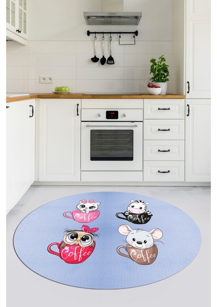 Sevimli Hayvanlar Fincan Desenli Yıkanabilir Yuvarlak Mutfak Halısı, Y-Mutfak-07-Mavi, fırsatları