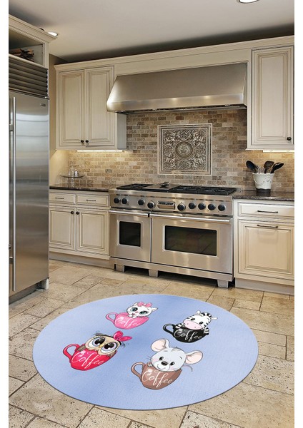 Sevimli Hayvanlar Fincan Desenli Yıkanabilir Yuvarlak Mutfak Halısı, Y-Mutfak-07-Mavi, indirimleri