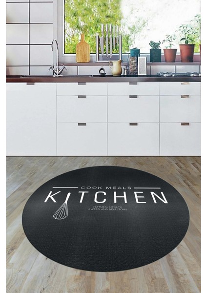 Dijital Yıkanabilir Kaymaz Kitchen Yazılı Modern Yuvarlak Mutfak Halısı, Y-Mutfak-04-Antrasit,