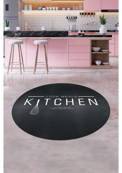 Dijital Yıkanabilir Kaymaz Kitchen Yazılı Modern Yuvarlak Mutfak Halısı, Y-Mutfak-04-Antrasit,