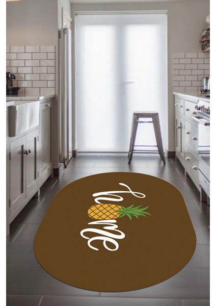 Home Yazılı Ananas Desenli Yıkanabilir Kaymaz Oval Mutfak Halısı, O-Mutfak-31-Kahve,