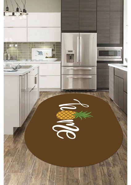 Home Yazılı Ananas Desenli Yıkanabilir Kaymaz Oval Mutfak Halısı, O-Mutfak-31-Kahve, indirimleri