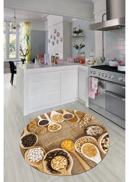 3D Kaşık Baharat Temalı Kaymaz Taban Yıkanabilir Yuvarlak Mutfak Halısı, Y-Mutfak-29-Kahve,