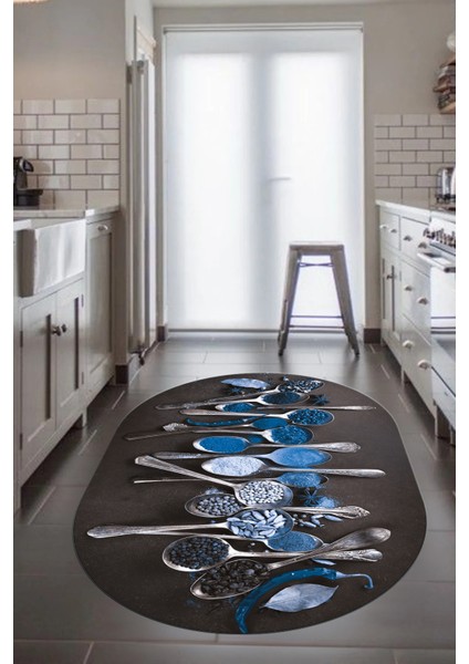Baharat Temalı Kaymaz Taban Yıkanabilir Modern Oval Mutfak Halısı, O-Mutfak-33-Mavi,