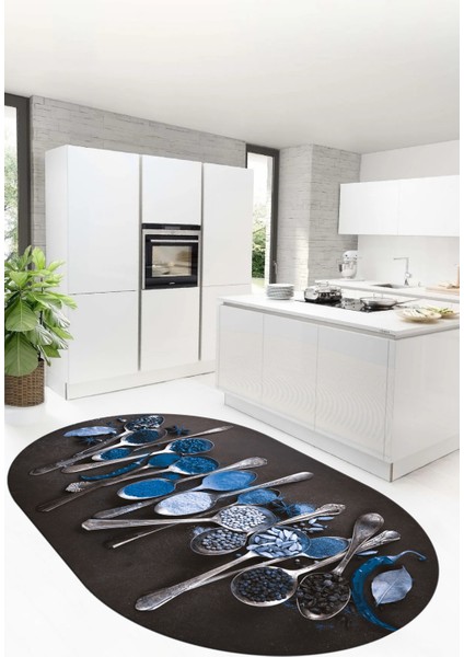 Baharat Temalı Kaymaz Taban Yıkanabilir Modern Oval Mutfak Halısı, O-Mutfak-33-Mavi, fiyatları