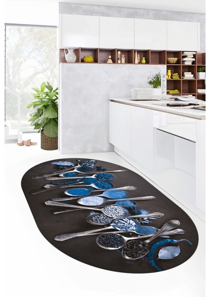 Baharat Temalı Kaymaz Taban Yıkanabilir Modern Oval Mutfak Halısı, O-Mutfak-33-Mavi, modelleri