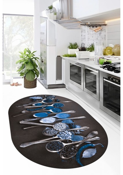 Baharat Temalı Kaymaz Taban Yıkanabilir Modern Oval Mutfak Halısı, O-Mutfak-33-Mavi, fırsatları
