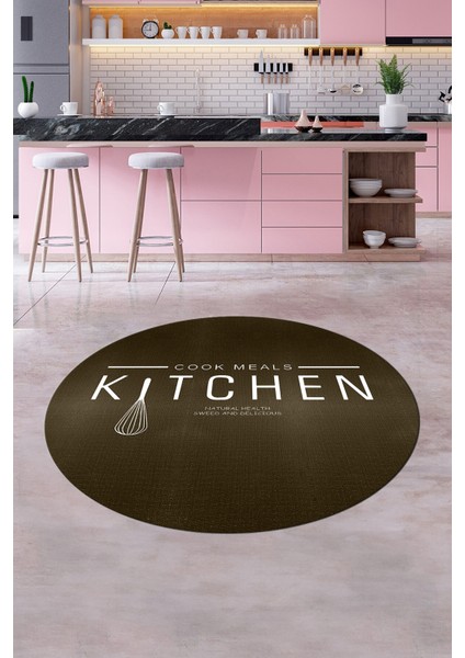 Dijital Yıkanabilir Kaymaz Kitchen Yazılı Modern Yuvarlak Mutfak Halısı, Y-Mutfak-04-Kahve,