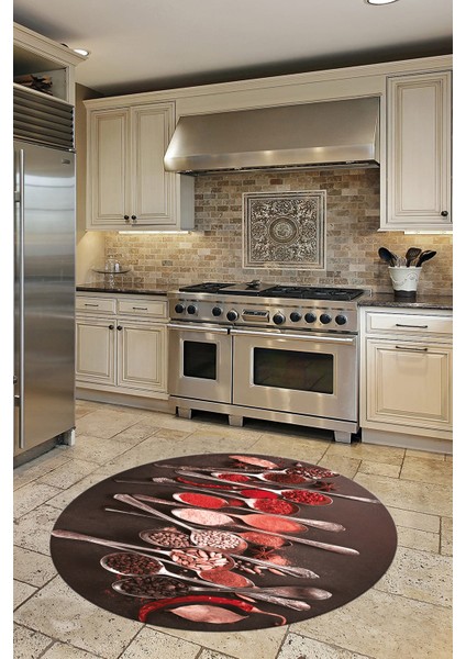 Baharat Temalı Kaymaz Taban Yıkanabilir Modern Yuvarlak Mutfak Halısı, Y-Mutfak-33-Kırmızı,