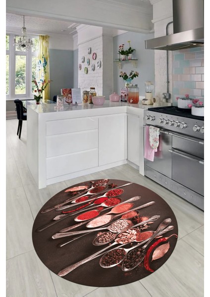 Baharat Temalı Kaymaz Taban Yıkanabilir Modern Yuvarlak Mutfak Halısı, Y-Mutfak-33-Kırmızı, fiyatları