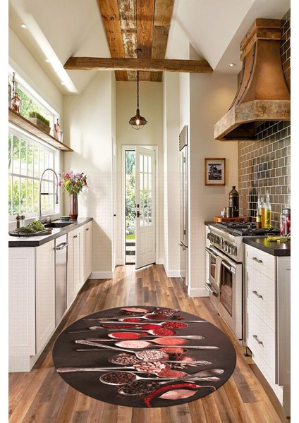 Baharat Temalı Kaymaz Taban Yıkanabilir Modern Yuvarlak Mutfak Halısı, Y-Mutfak-33-Kırmızı, fırsatları