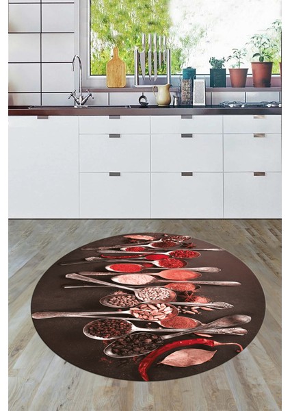 Baharat Temalı Kaymaz Taban Yıkanabilir Modern Yuvarlak Mutfak Halısı, Y-Mutfak-33-Kırmızı, indirimleri