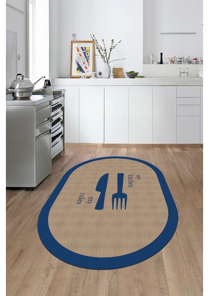 Jüt Görünümlü Çatal Bıçak Desenli Yıkanabilir Oval Mutfak Halısı, O-Mutfak-09-Mavi,