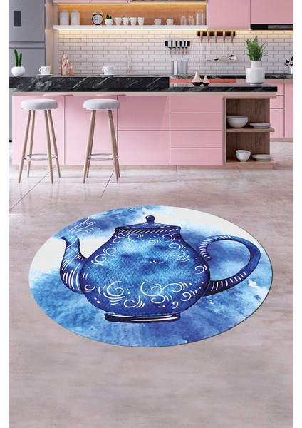 Dijital Baskılı Kaymaz Taban Çaydanlık Desenli Yuvarlak Mutfak Halısı, Y-Mutfak-23-Mavi,