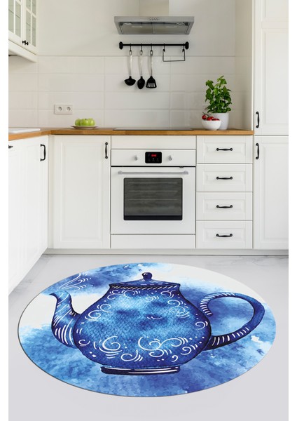 Dijital Baskılı Kaymaz Taban Çaydanlık Desenli Yuvarlak Mutfak Halısı, Y-Mutfak-23-Mavi, fiyatları