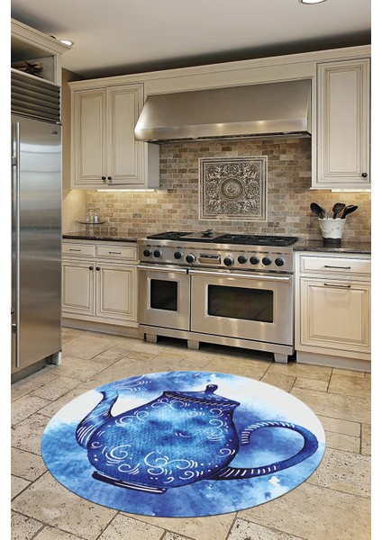 Dijital Baskılı Kaymaz Taban Çaydanlık Desenli Yuvarlak Mutfak Halısı, Y-Mutfak-23-Mavi, modelleri