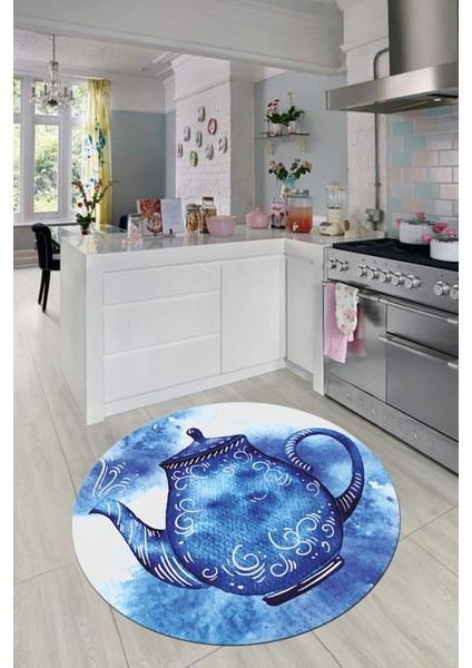 Dijital Baskılı Kaymaz Taban Çaydanlık Desenli Yuvarlak Mutfak Halısı, Y-Mutfak-23-Mavi, fırsatları