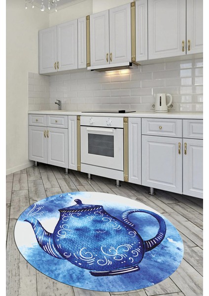Dijital Baskılı Kaymaz Taban Çaydanlık Desenli Yuvarlak Mutfak Halısı, Y-Mutfak-23-Mavi, indirimleri