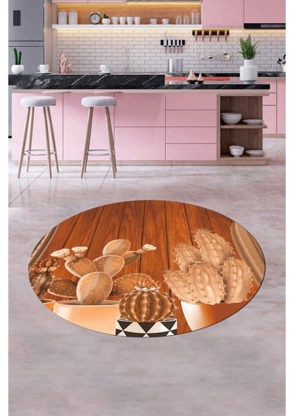 Dijital Baskılı Kaymaz Taban Kaktüslü Çiçekli Yuvarlak Mutfak Halısı, Y-Mutfak-24-Kahve,
