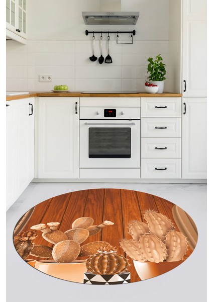 Dijital Baskılı Kaymaz Taban Kaktüslü Çiçekli Yuvarlak Mutfak Halısı, Y-Mutfak-24-Kahve, fiyatları