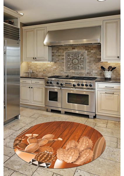 Dijital Baskılı Kaymaz Taban Kaktüslü Çiçekli Yuvarlak Mutfak Halısı, Y-Mutfak-24-Kahve, modelleri