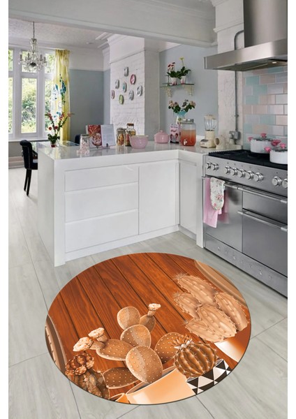 Dijital Baskılı Kaymaz Taban Kaktüslü Çiçekli Yuvarlak Mutfak Halısı, Y-Mutfak-24-Kahve, fırsatları