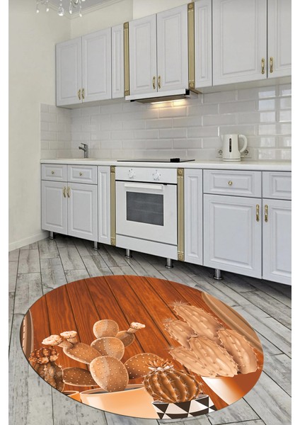 Dijital Baskılı Kaymaz Taban Kaktüslü Çiçekli Yuvarlak Mutfak Halısı, Y-Mutfak-24-Kahve, indirimleri